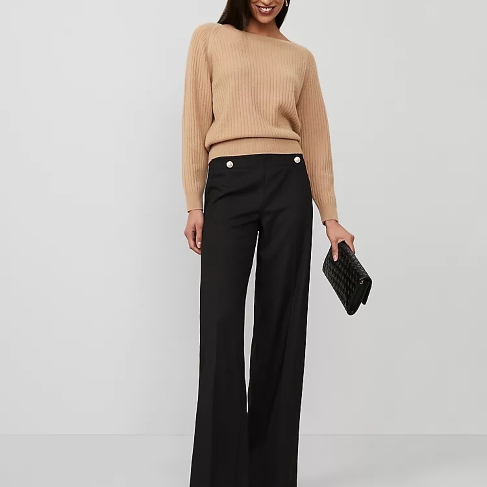 Ann Taylor Black Flare Dress Pants Gold Buttons Pleated Size 8